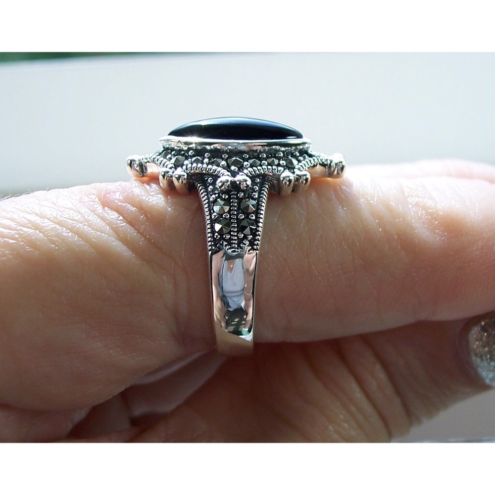 925 STERLING SILVER Marquise Black Onyx & Marcasite Ring - Picture 5 of 16